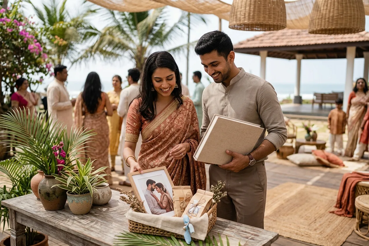Wedding welcome kits laid out at a Goa resort